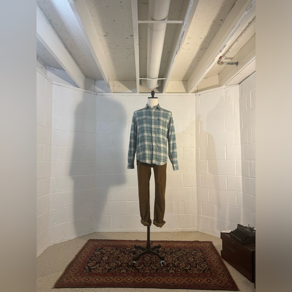 Small Lucky Brand Saturday Stretch Green Blue and White Flannel Shirt
